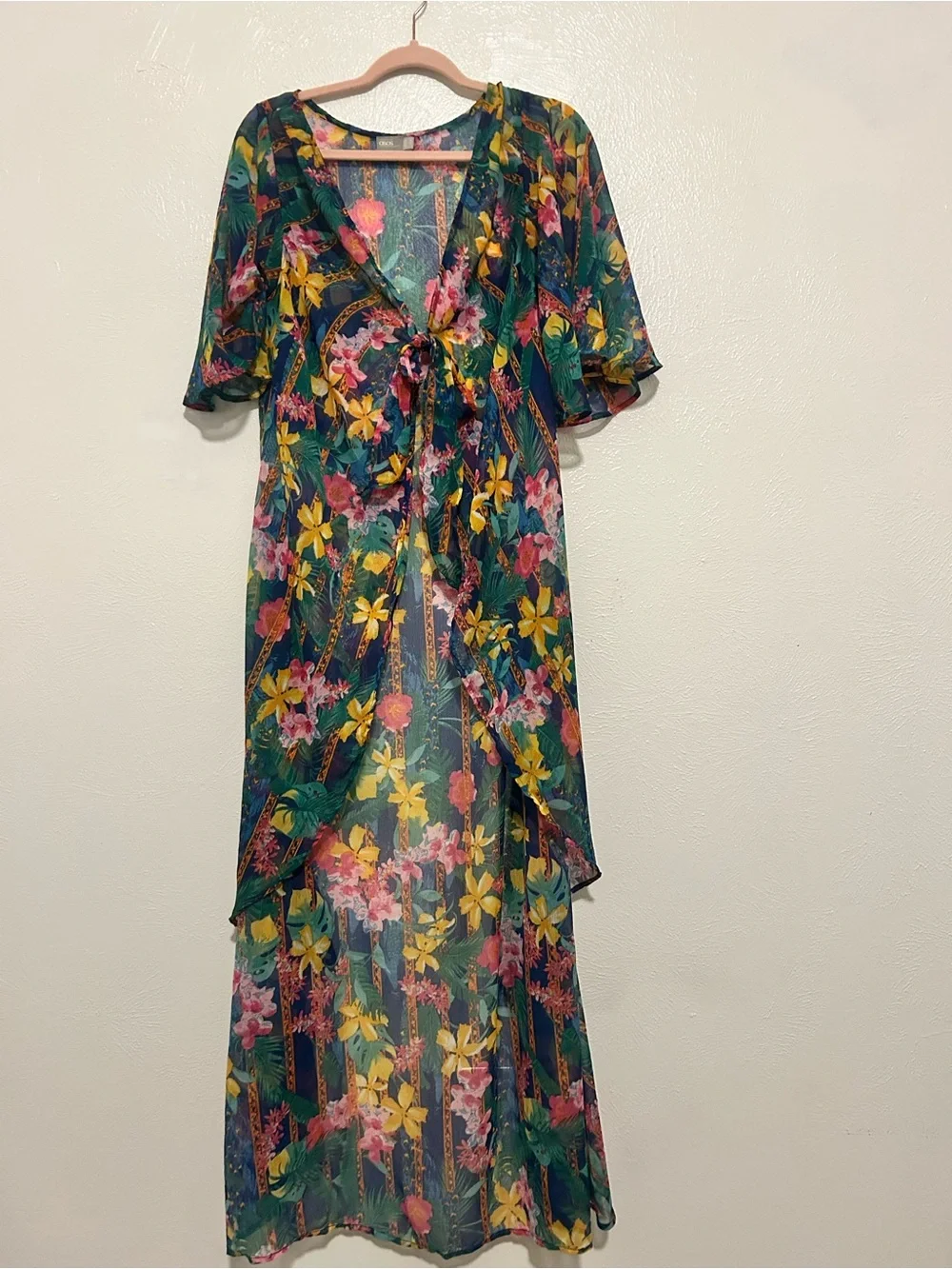ASOS Green Sheer Floral Tie-Front Pareo dress with Pink & Yellow Blooms